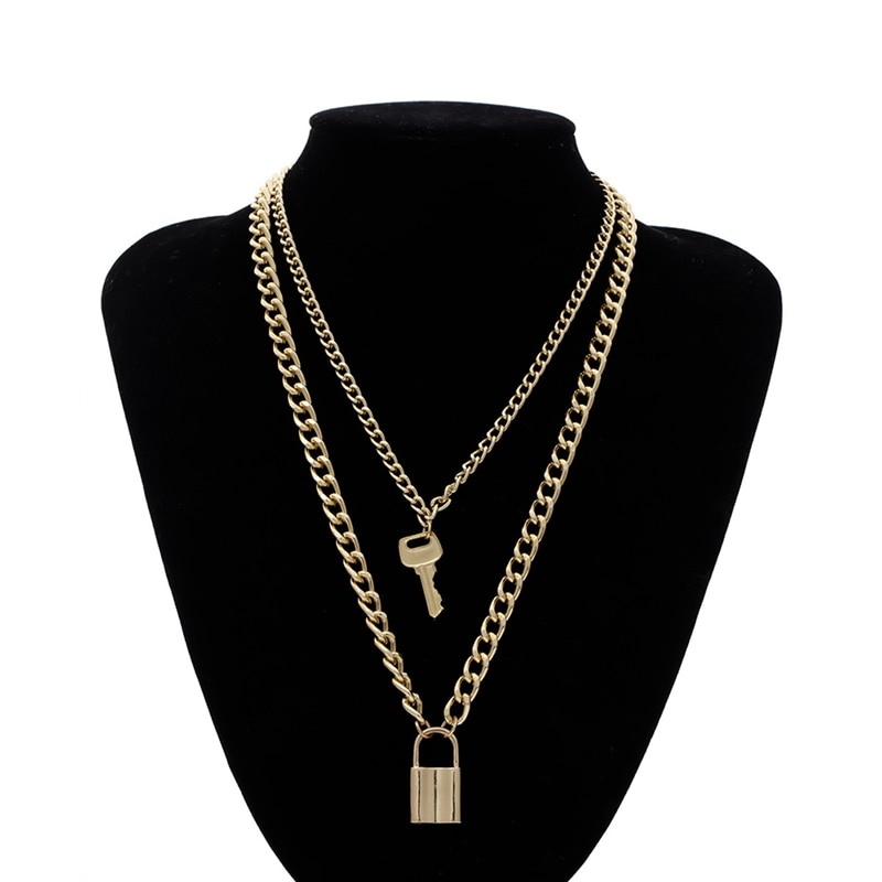 Key Padlock Pendant Necklace for Women Gold/Silver Lock Necklace Layered Chain on the Neck With Lock Punk Jewelry