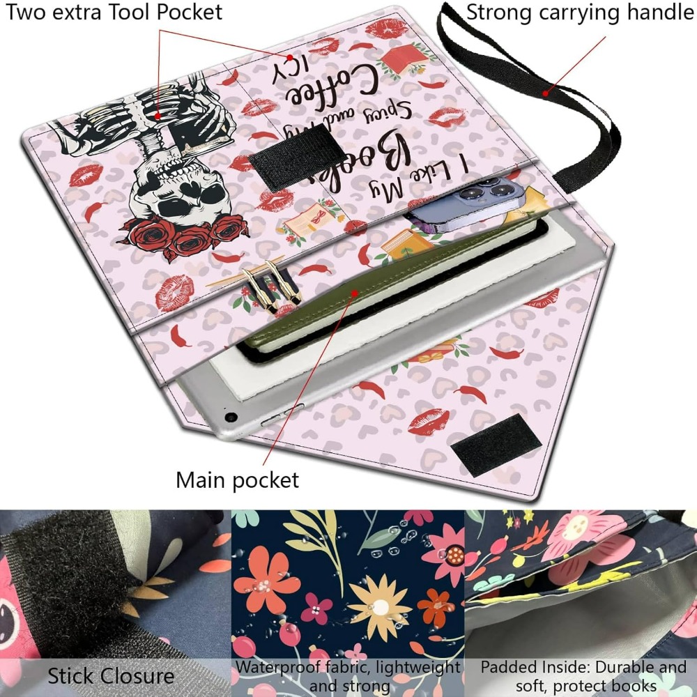 Skull Book Covers Pink Book Sleeve 11.6 X 9.3 Inch Book Protector for Paperbacks Washable Fabric Cloth Book Cover with Handle