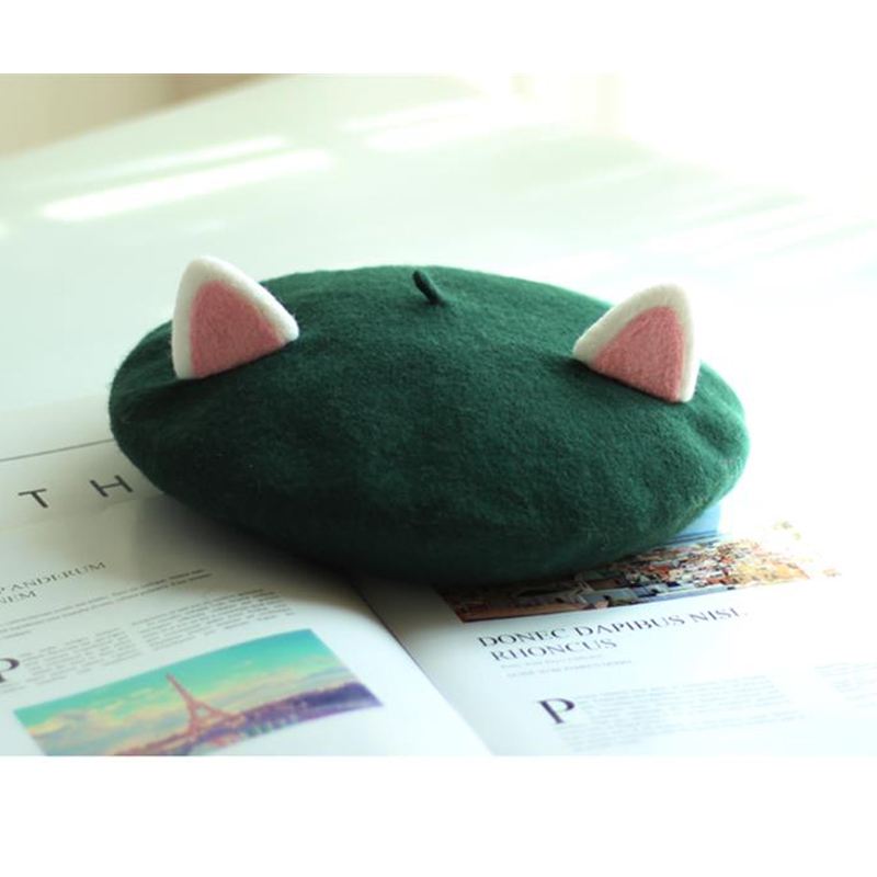 Gorro de pintor para mujer, gorro de lana hecho a mano con orejas de gato, creatividad, bonito gorro de Otoño Invierno, disfraz de fieltro de lana, boina divertida de dibujos animados: Verde