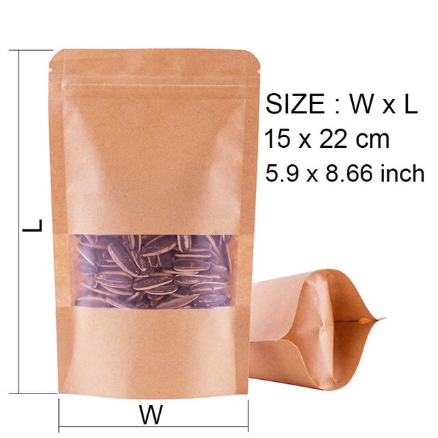 50Pcs Kraft Papieren Zakken Zip Lock Bruin Met Venster Stand Up Hersluitbare Grip Ziplock Zakjes Thee Koffie Bean Snoep verpakking Voedsel: 15X22cm