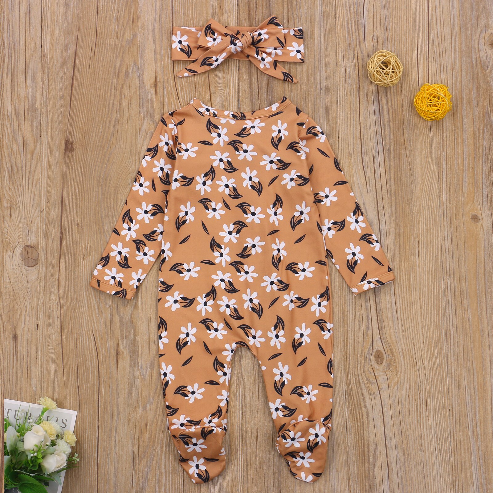 2 Pcs Newborn Baby Girls Boys Cars Footies Print Outfits, Infant Long Sleeve Round Neck Ruffle Footed Jumpsuit + Headband