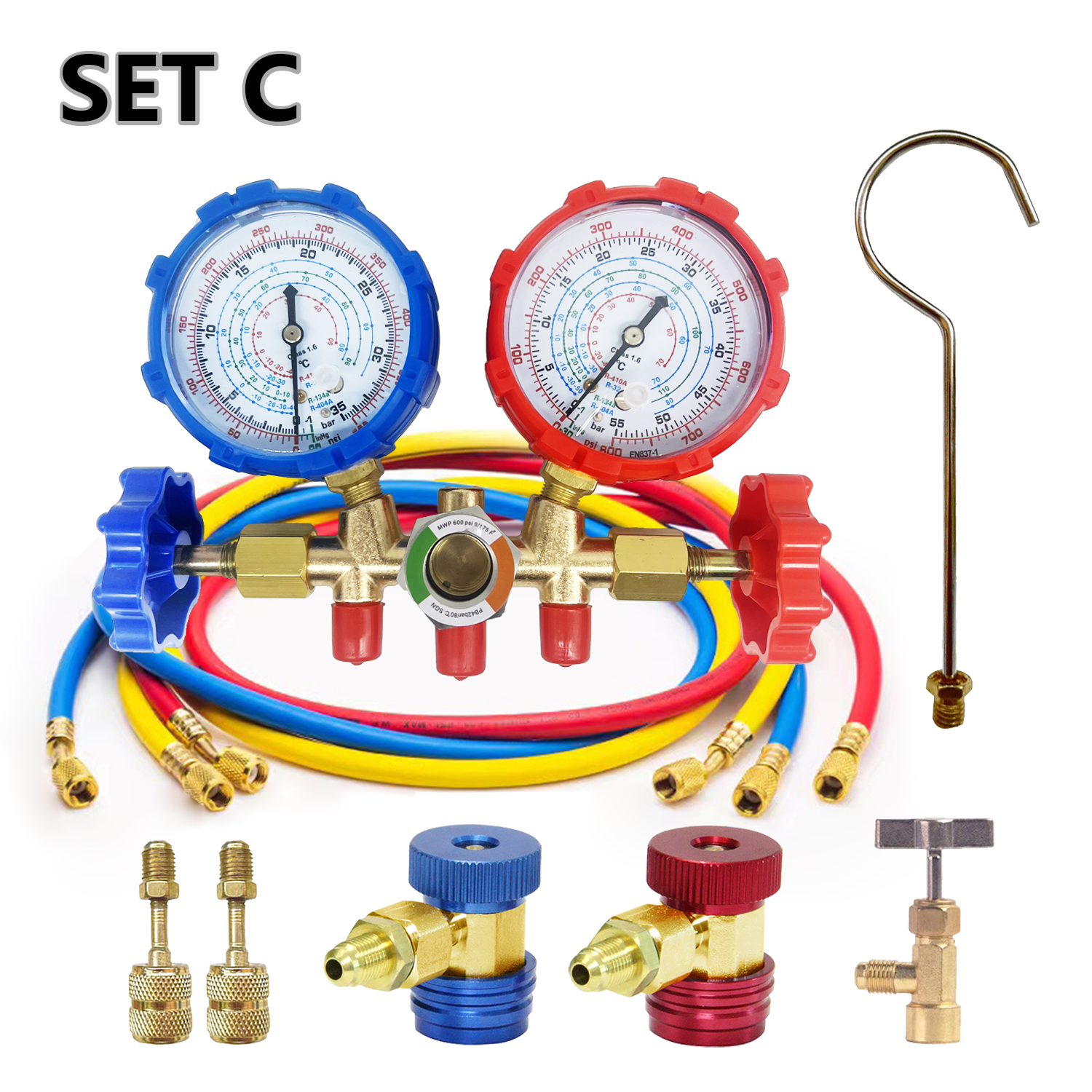 Air Conditioning Pressure Gauge with Hose and Hook 3 Way AC Diagnostic Manifold Gauge Set for Freon For R12 R32 R404A R134a: Red