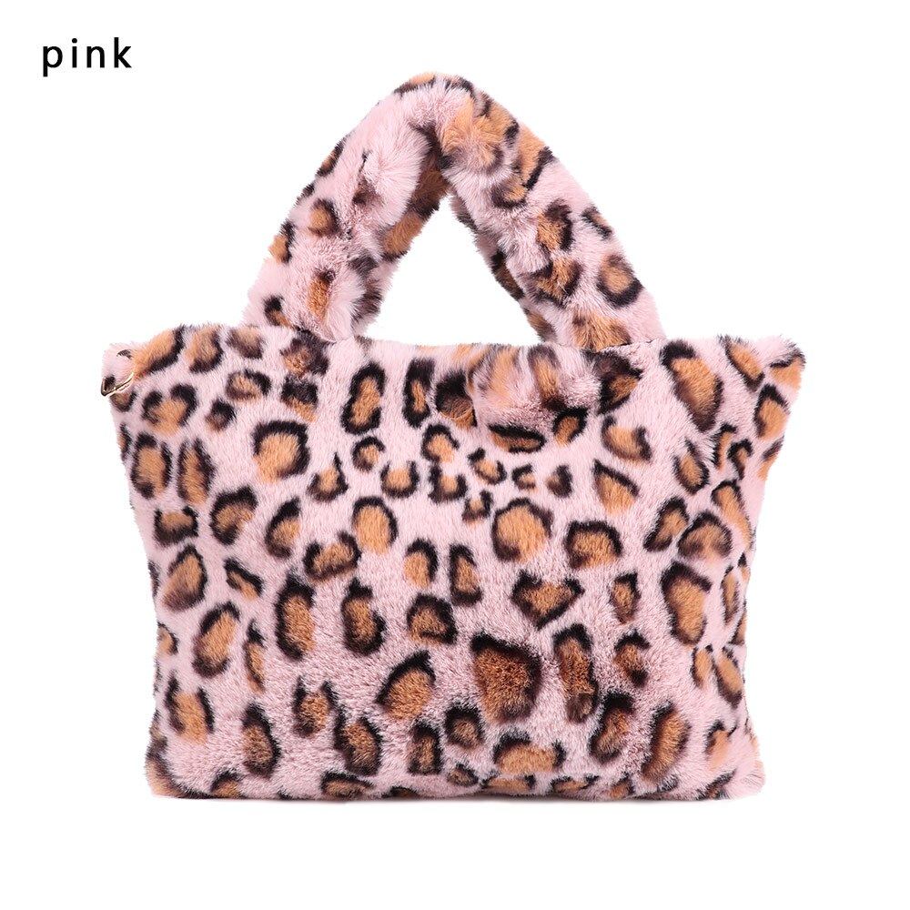 1 pc leopard plysj veske med kjede myk skulderveske for kvinner stor vinter messenger bag varm pels veske: Rosa