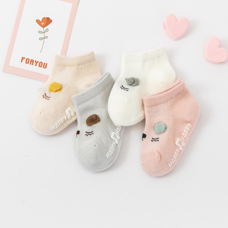 4Pairs Anti-slip Non Skid Ankle Baby Socks Mesh Breathable Rubber Grips Cotton Children Boy Girl&#39;s Toddler Floors Newborn Socks: 1-3Years