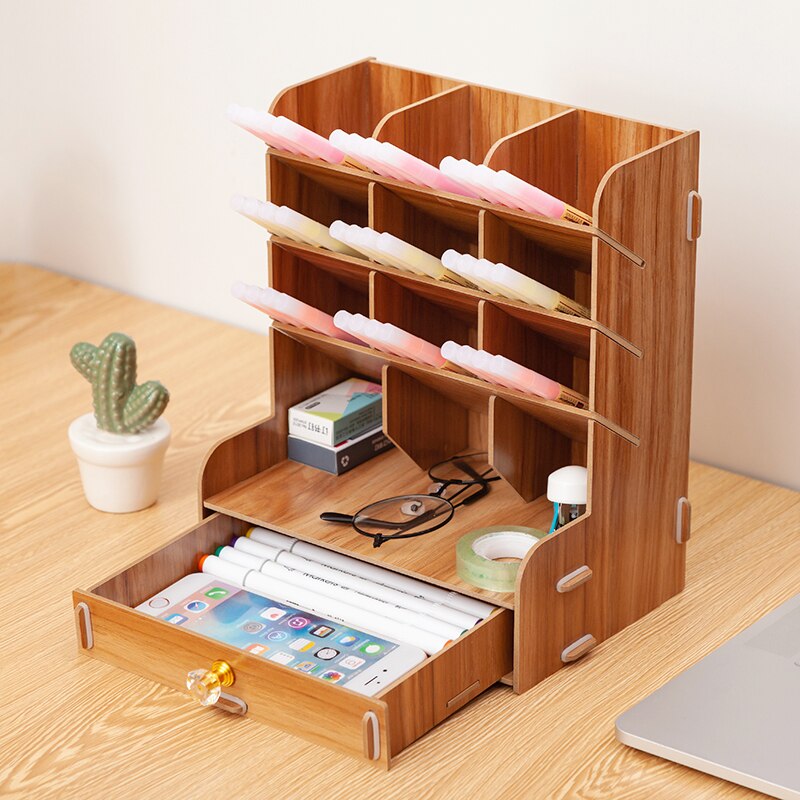 Wooden Desk Organizer Multi-Functional DIY Pen pencil Holder Box Desktop Stationary Home Office Supply Storage Rack