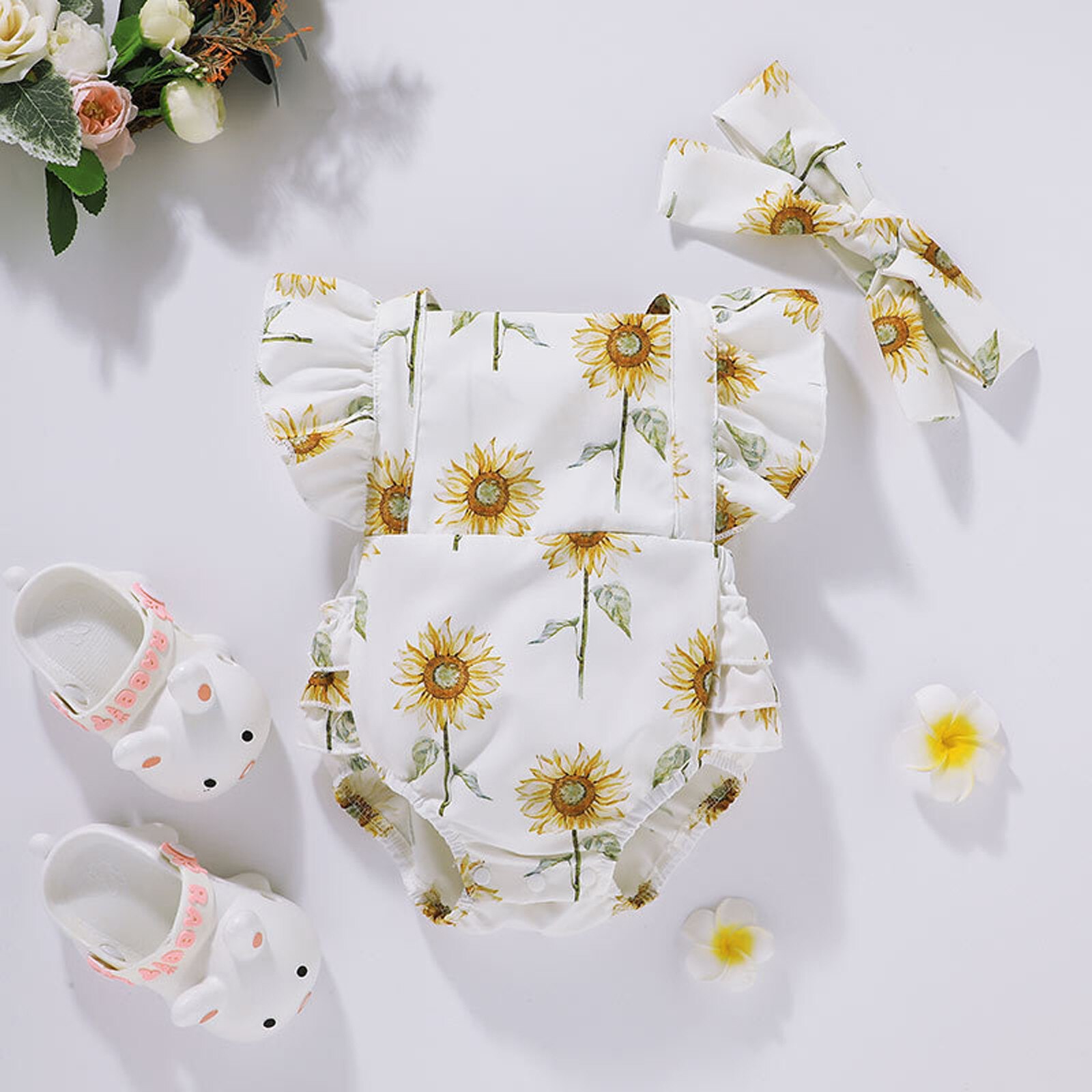 Zomer Unisex Pasgeboren Baby Baby Kleding Romper Mouwloze Zonnebloem Print Bodysuit Driehoek Jumpsuit Jongens Meisjes Kleding