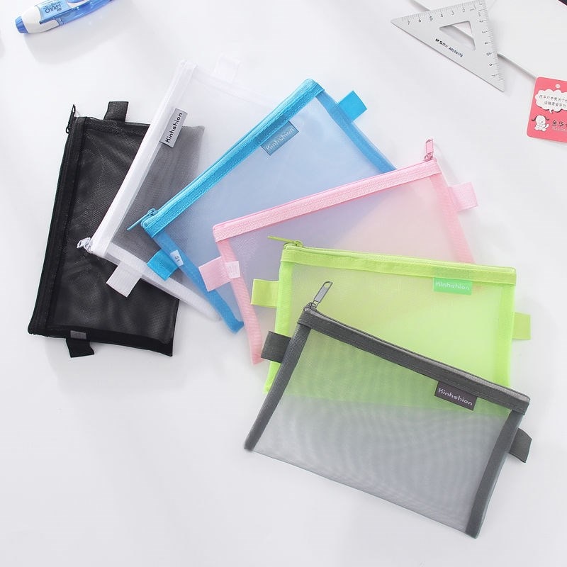 1pcs Simple Transparent Mesh Pencil Case School Supplies Colour Pen Box Office Student Pencil Cases Nylon
