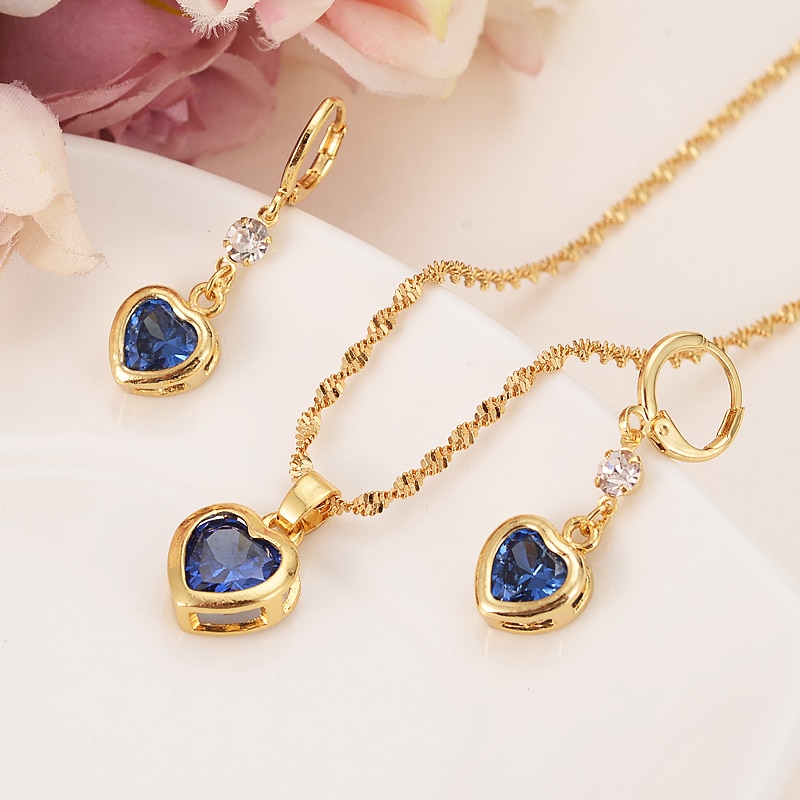 Conjunto de joyería de corazón de cristal de novia de oro blanco azul verde zirconia cúbica pendiente collar cadena juegos de joyas para mujer niñas