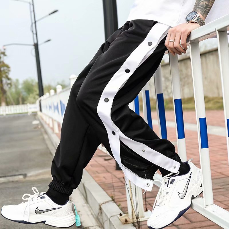 Basketball pants men training pants trousers full open buckle pants beam foot breasted pants loose trend high street gray sports: Black / S