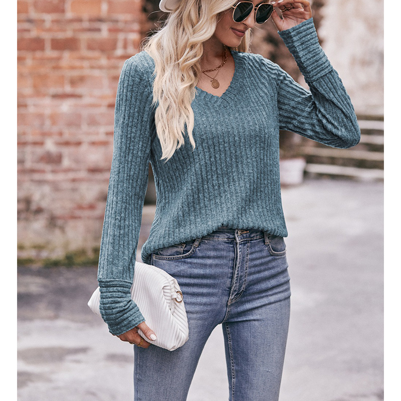 Herfst Winter Losse Casual V-Hals Pullover T-Shirts Dames Mode Eenvoudige Lange Mouw Onderkant Top Vrouwen T-Shirt Dames Kleding
