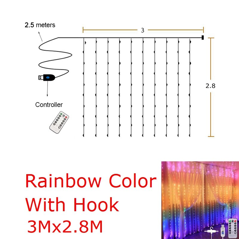 LED Gypsophila Icicle Rainbow Curtain String Lights Remote Control Bedroom Decor Fairy Light USB Power Garlands for Wedding Xmas: Rainbow 3X2.8M
