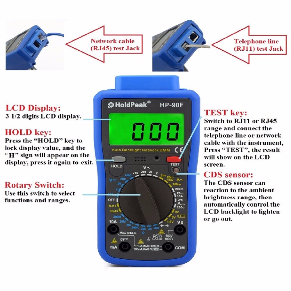 HoldPeak HP-90F Multimetro Digital HoldPeak HP-90F Digital Network Multimeter Meter with Telephone Line and Network Cable Test