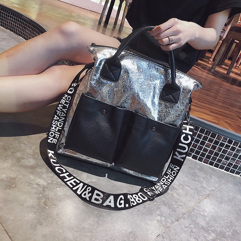 Large Capacity Women Bags Shopping Bag Double Pocket Girl Casual Tote Young Lady Handbags Shoulder Bag Silver Autumn