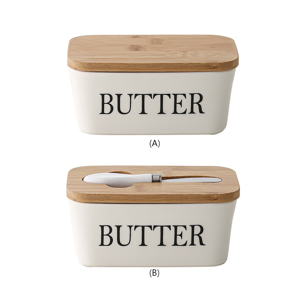 Nordic Butter Sealing Box,Ceramic Butter Plate with Wood Lid and Knife,Cheese Storage Tray Butter Dish Container Box, White