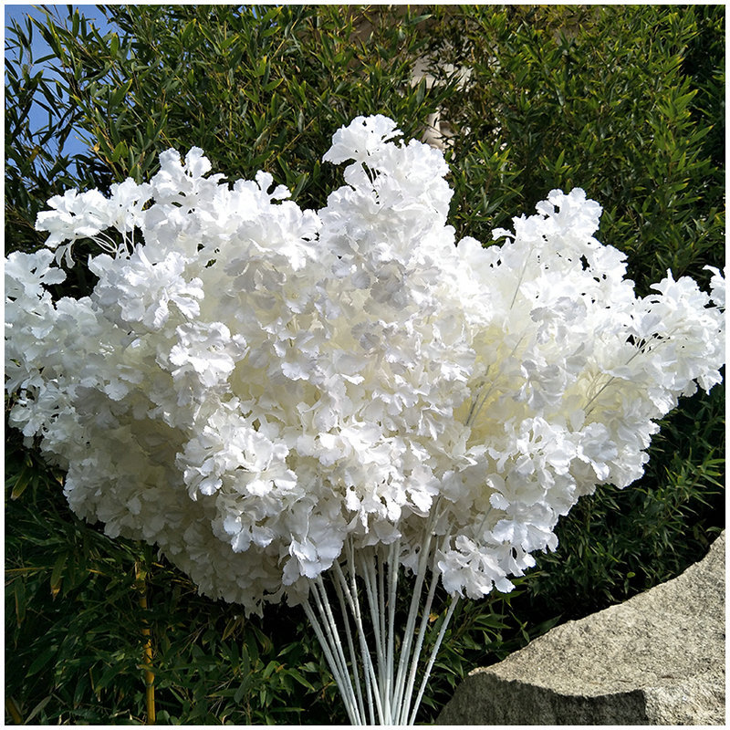 Hortensia de seda de 107CM, rama blanca, nieve en todo el cielo, cereza Artificial DIY, decoración para en casa, decoración de arco de boda