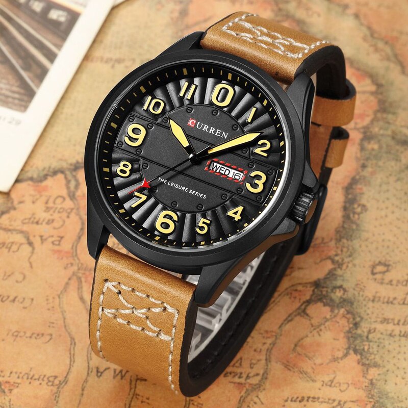 CURREN-reloj analógico con correa de cuero para hombre, accesorio de pulsera de cuarzo resistente al agua con cronógrafo, complemento masculino deportivo de de lujo con moderno