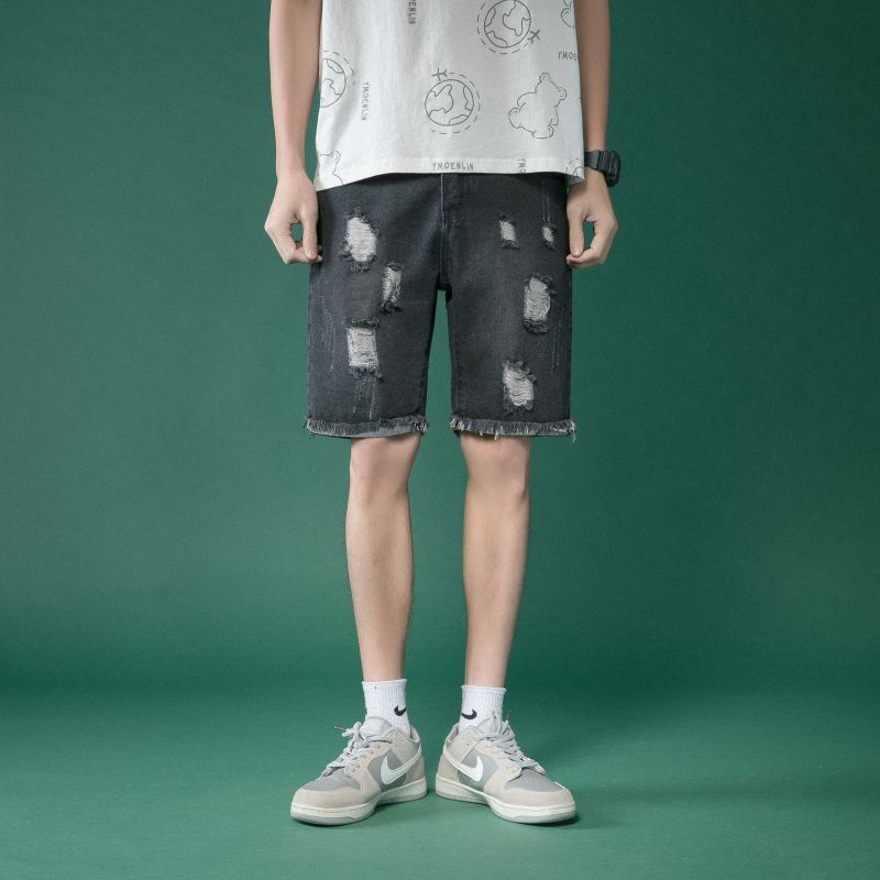 Jean déchiré noir à bords bruts pour homme, pantalon tendance à jambes droites, été, 40: 30