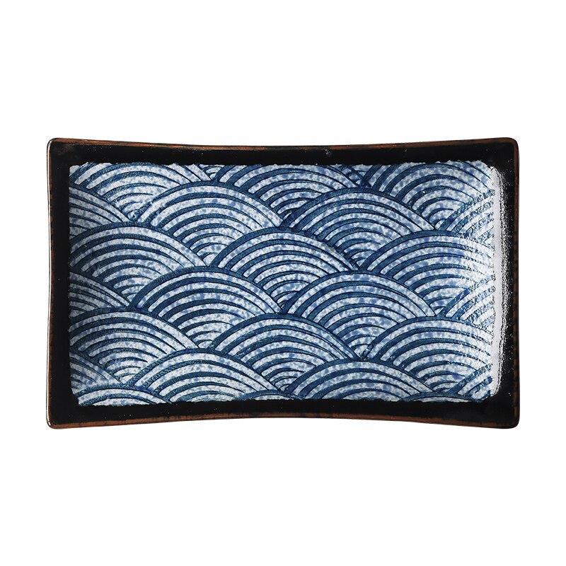 Blue wave pattern Ceramic plate Western tableware Steak dish porcelain plate Home kitchen rectangle square serving platter