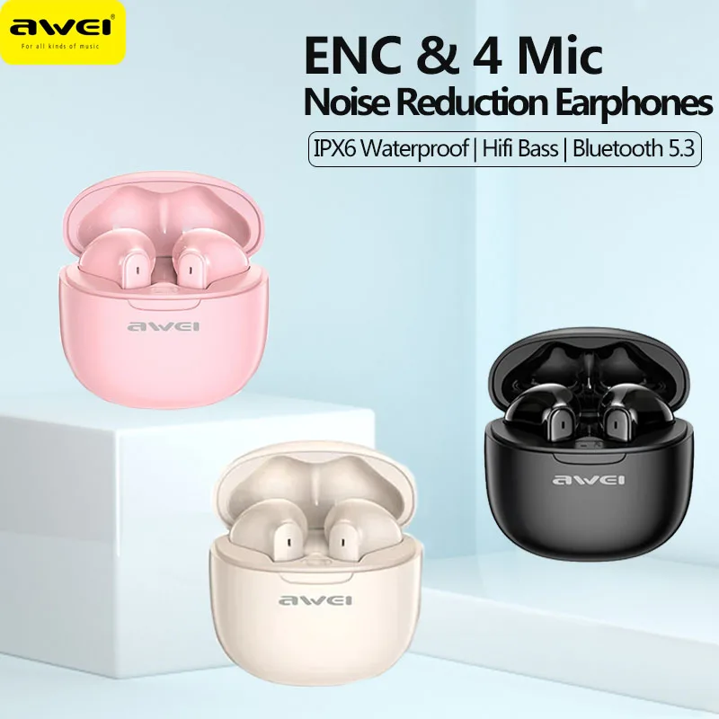 Awei T68 ENC słuchawki douszne z redukcją hałasu 5.3 słuchawki Bluetooth z 4 Mic bezprzewodowy zestaw słuchawkowy Gamer HiFi Bass Sound słuchawki sportowe