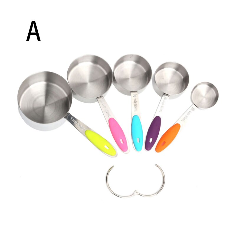 5 colors Stainless Steel Measuring Cups And Spoons Durable Kitchen Cooking Baking Measuring Tools With Silicone Handles: A