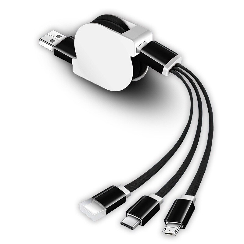 1m novo telescópico 3 em 1 rápido USB-C tipo c ios micro usb carregador rápido cabo de dados retrátil cabo de carregamento portátil: black