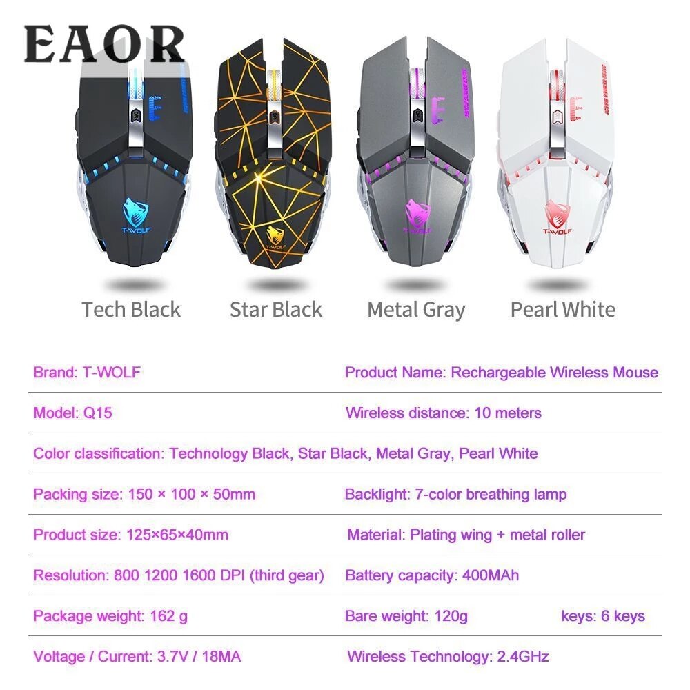 for T-wolf Q15 USB Wireless Mouse Charging Silent Mute Light Touch Wheel Gaming Mouse Star Black