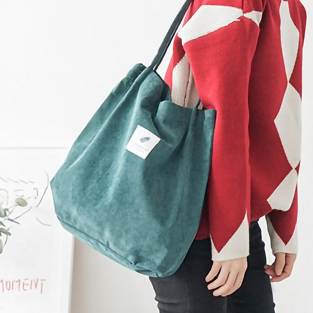 Bolso de pana para mujer, bolsa de compras de tela de lona, bolsa de lona ecológica, bolso de hombro de algodón de gran capacidad, bolsa de compra reutilizable: green