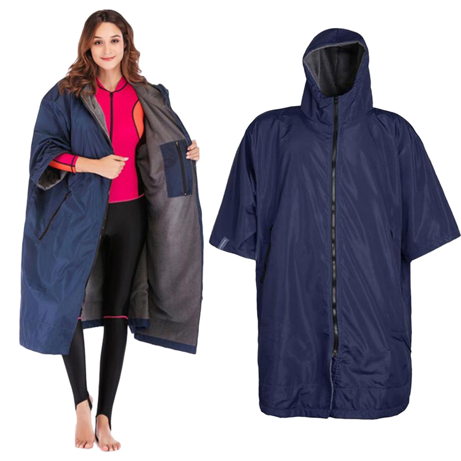 Robe à langer de Surf unisexe, manteau de natation en plein air à capuche pour adultes, veste coupe-vent résistante aux intempéries, Parka de natation avec poche intérieure: Blue Grey L