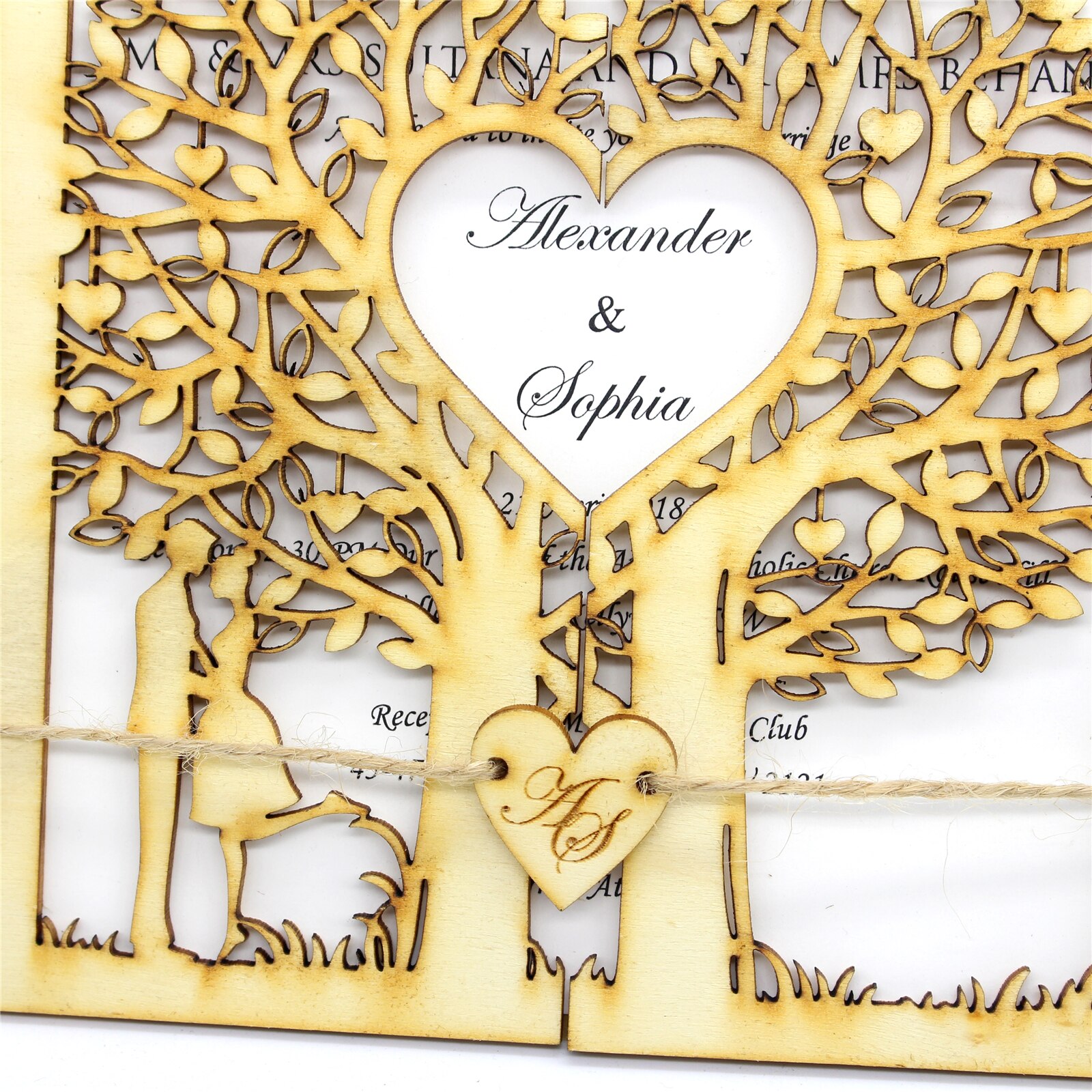 10 styks rustik bryllupsinvitation, træinvitation, papirinvitation, udskåret træ, livets træ, graveret hjerte, monogram