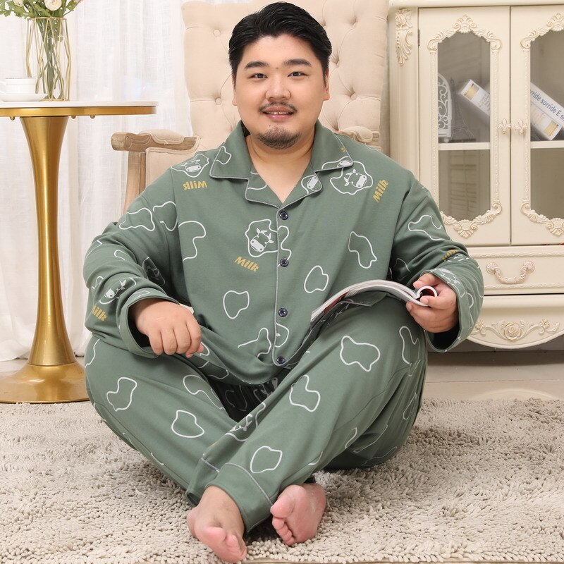 Autumn Men's Plus Fat Large Size Cotton Pajamas Set Male Fat Guy Lapel Long Sleeve Home Wear Pijama Suit Micro-elasticity 5XL
