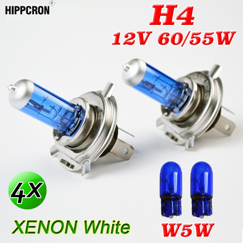 Hippcron 2 stks 12 v 60/55 w Super Wit H4 Halogeenlamp + 2 stks 501 W5W T10 natuurlijke Blauwe Lamp Auto Koplamp