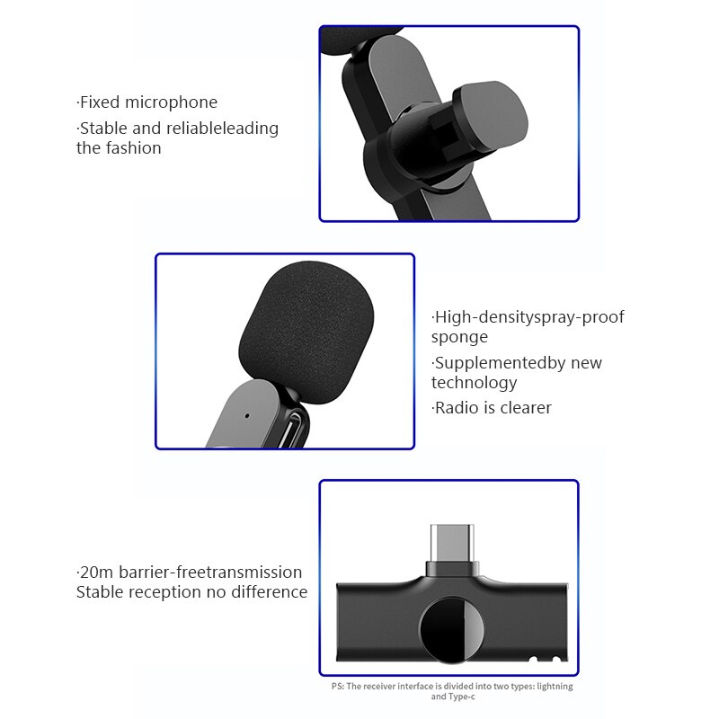 Tragbares, drahtloses lavalier-mikrofon mit 2.4g aufnahmefunktionen für radio 1 to audio/video 2 mini-mikrofon) für iphone und android-smartphones und live-übertragungen