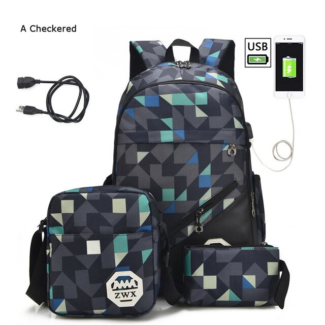 3 pcs /set USB Male backpacks laptop backpack for men shoulder bag student travel bag high school bags For Teenager schooltas: checkered