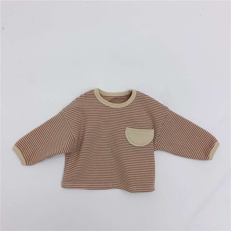 Camiseta de algodón de estilo coreano Regular para niños y niñas, a rayas de manga larga con cuello redondo y bolsillos: Caqui / 24 meses