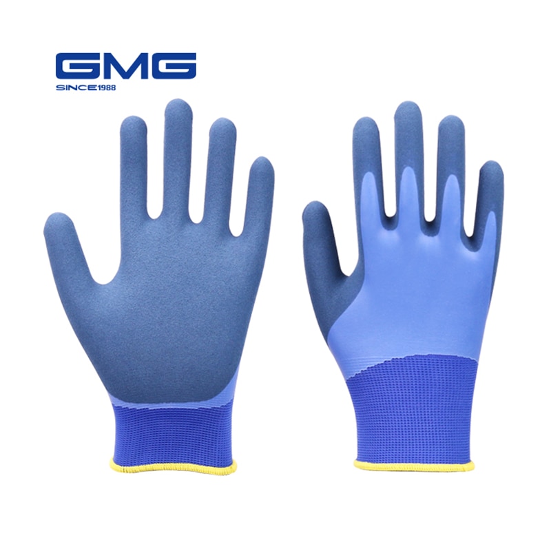 Waterdichte Handschoenen Voor Werk Gmg Blauw Polyester Grijs Latex Sandy Coating Veiligheid Werk Handschoenen Werken Handschoenen Mannen