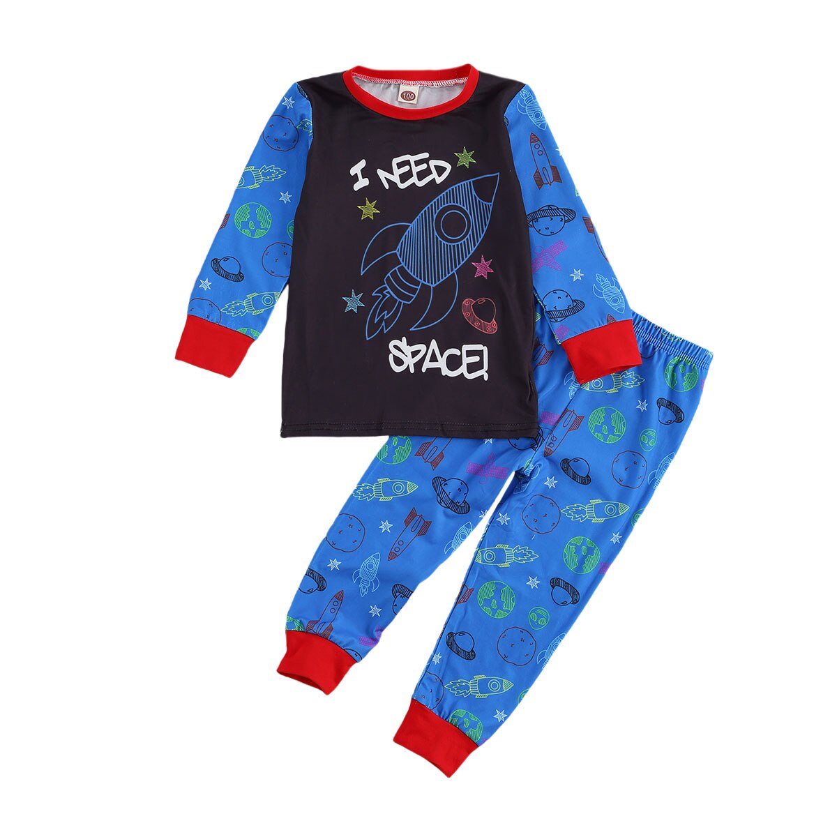 Børn barn baby dreng pyjamas sæt nattøj tøj efterår efterår langærmede t-shirt bukser rumskib hjemmetøj tøj 2 stk.