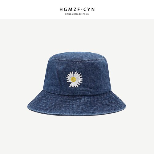 Ins koreansk daisy broderi spand hat kvinder mænd panama sommer solhat blomst bob vasket denim fisker hat: Mørkeblå