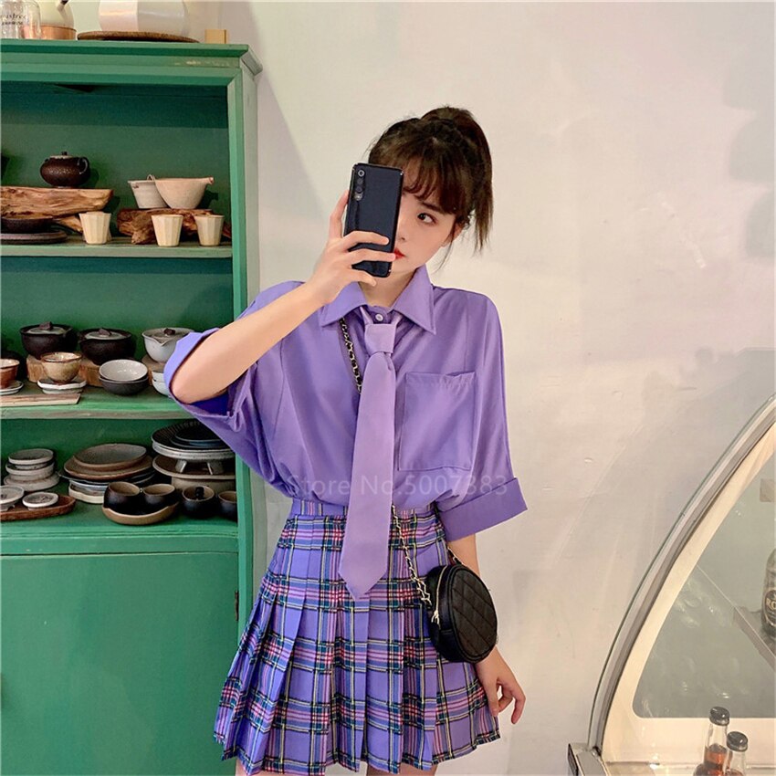 Uniforme JK Morado para mujer, ropa de calle de estilo Harajuku japonés, Falda plisada de talla grande para estudiantes escolares, ropa de Bar de Hip Hop