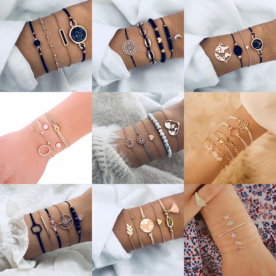 Bohemian Handgemaakte Kralen Ketting Armbanden Set Voor Vrouwen Boom Hart Maan Kompas Charm Bangle Dames Mode-sieraden