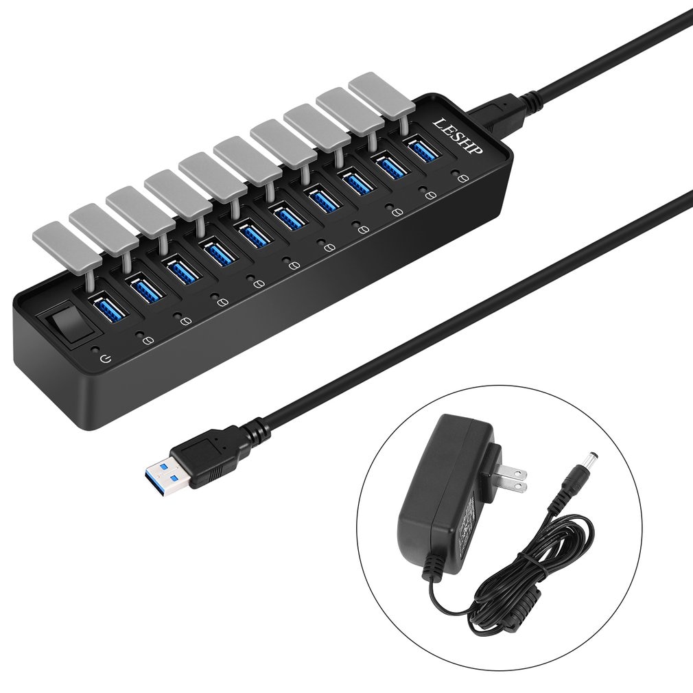 10 Poorts Usb 3.0 Hub High Speed 5Gbps Usb 3.0 Data Hub Splitter Met Led & Switch Externe Power adapter Voor Pc Laptop Us Plug