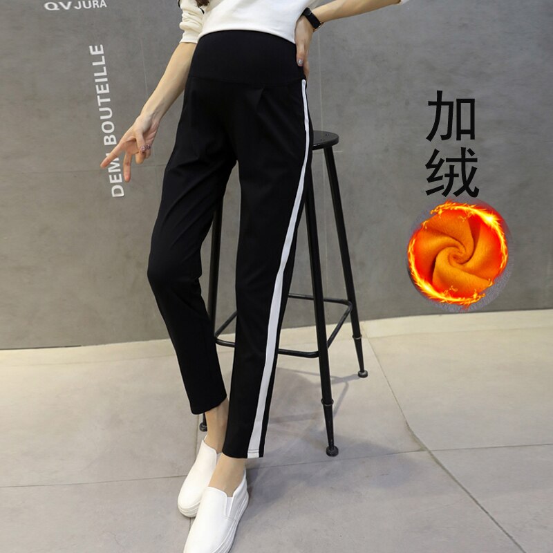 Leggings de forro polar dorado para mujeres embarazadas, pantalones de maternidad de retales a rayas laterales, terciopelo grueso, pantalones abdominales cálidos para invierno