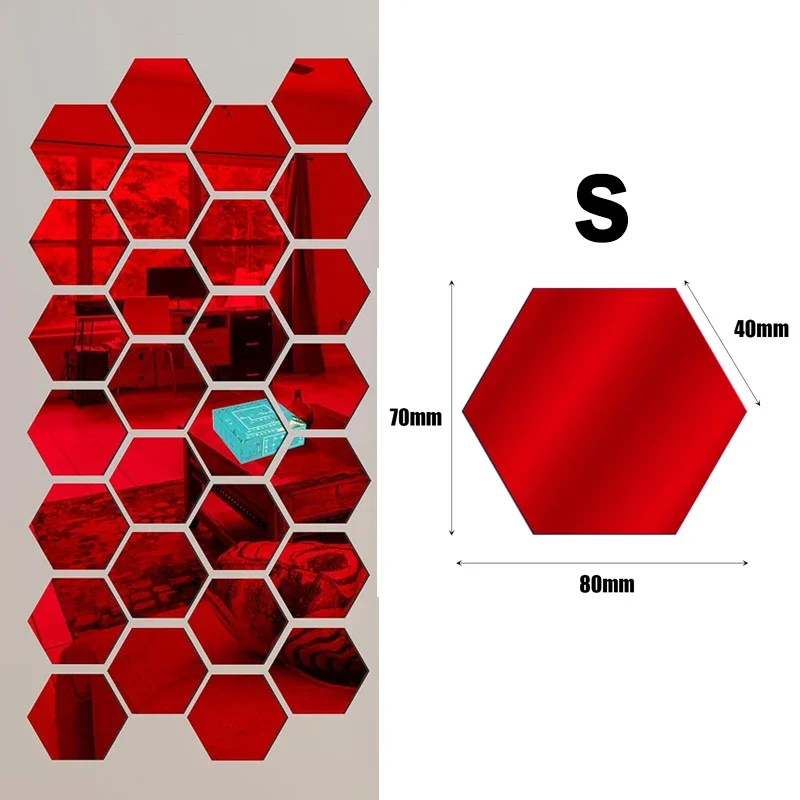Pegatinas de pared de espejo acrílico hexagonales autoadhesivas, pegatinas de decoración de espejo autoadhesivas DIY, pegatinas de decoración de pared de habitación y dormitorio: XL / Rojo