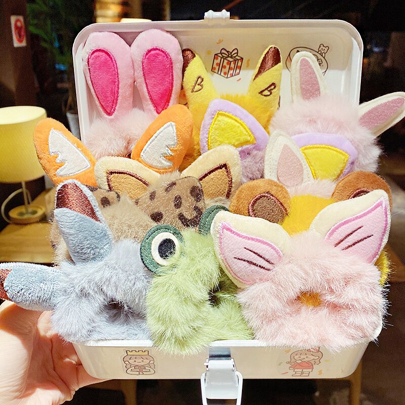 Winter Girls Cute Cartton Animals Ears Plush Scrunchie Ponytail Holder Hair Rubber Bands Headband Hair Accessories