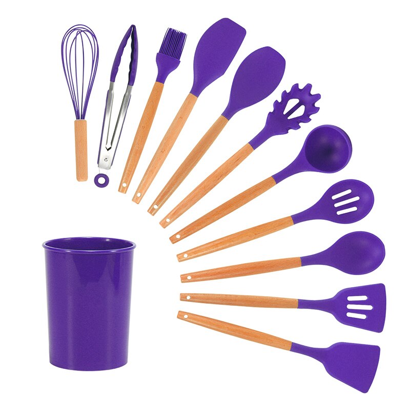 Silicone cuisine ustensiles de cuisine ensemble antiadhésif résistant à la chaleur ustensiles de cuisine manche en bois cuillère soupe louche ustensiles de cuisine Gadget de cuisson: 12PCS Purple