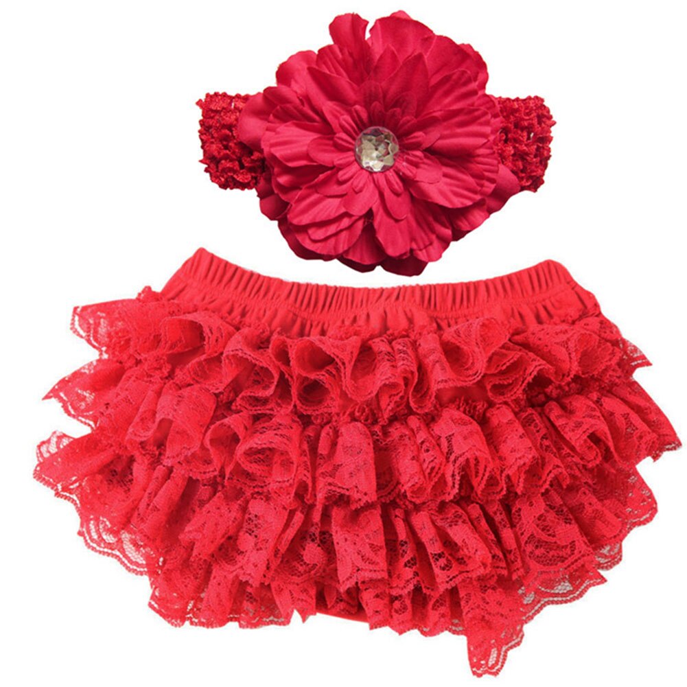 Cute Baby Girl Bloomers Diaper Cover Headband Set Newborn Ruffle Panties Lace Infant Shorts NSV775: Red / 24M