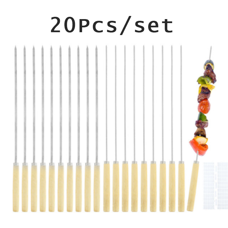 20 Pcs Barbecue Skewer BBQ Stick Roasting Needle With Wooden Handle Brochette Tong Kebabe Skewers Stainless Steel Roasting Tools