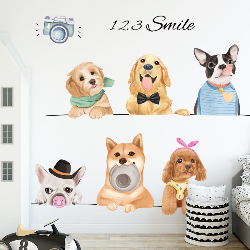 Cartoon Kawaii Dogs Wall Sticker for Children Kids room Kindergarten Decor Puppy Wall Decals Vinyl PVC Home Decor Stickers Mural
