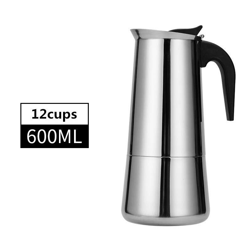 600ml Large Capacity Stainless steel 304 Moka Pot Coffee Maker Stovetop Espresso Maker Mixpresso Coffee 2-12cup: 12cups-600ml-A