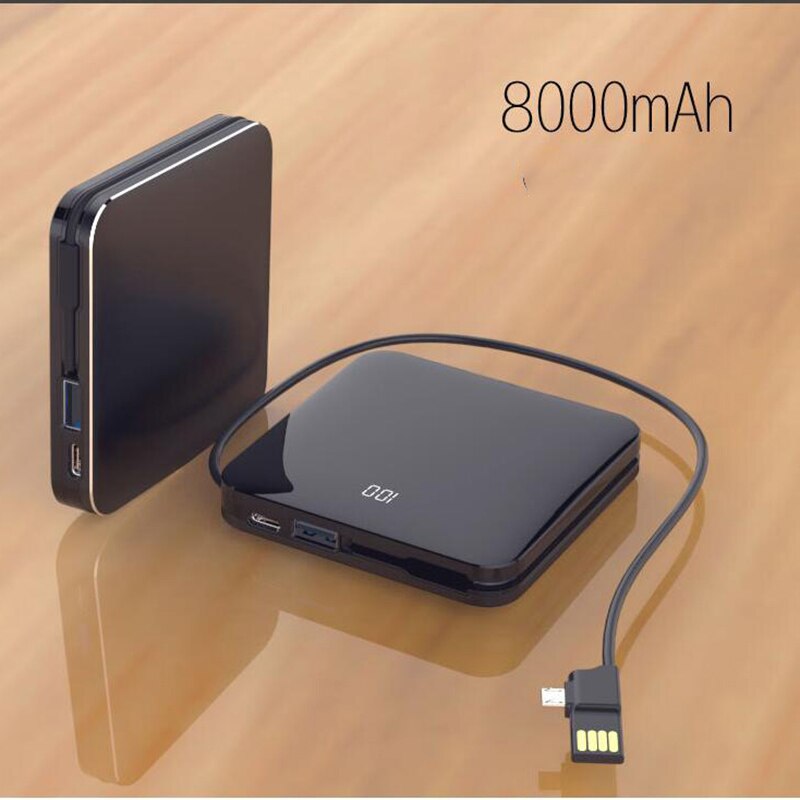 Mini Power Bank 8000mah Thin Mirror Screen 2.1A Fast Charging 3 in1 Built-in Line Portable Charger Powerbank for iphone xiaomi: black with cable