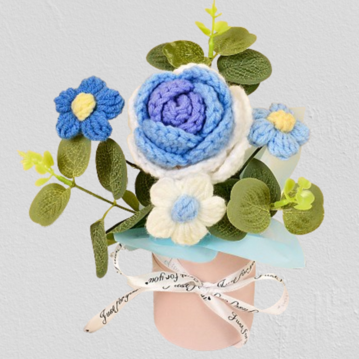 Ramos de flores de ganchillo hechos a mano, tela tejida de ganchillo, ramo de rosas y girasoles, decoración del hogar y para mujer, esposa, mamá, 1 ud.: Azul